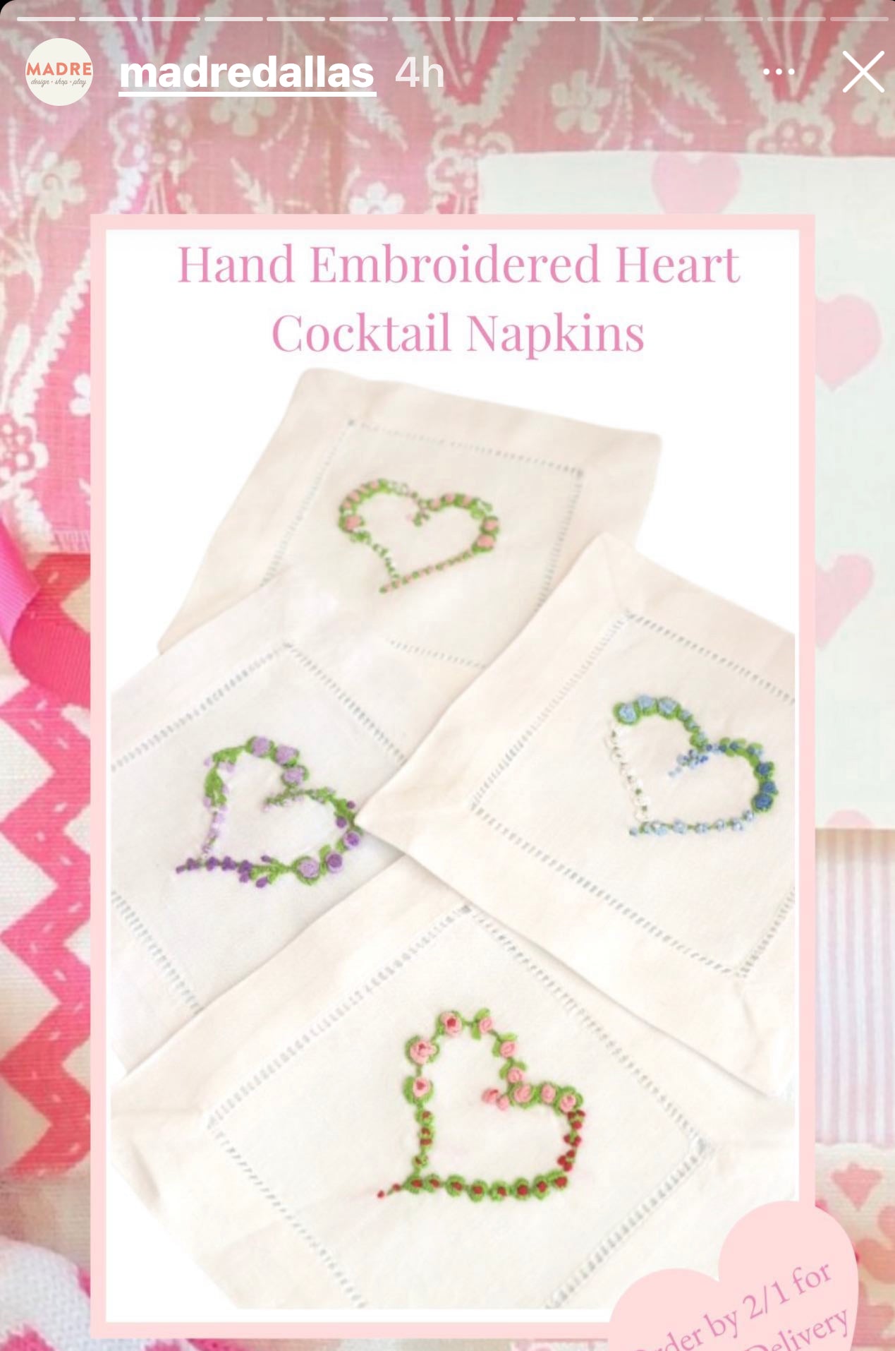 A new set "Hand Embroidered Valentine Cocktail Napkins"